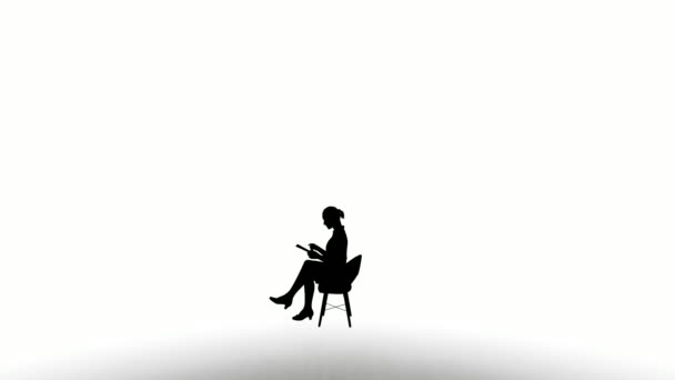 シルエットの人々は白い背景に座っている シルエットブラックの人が椅子に座ると白い画面を伝えます アニメーション 人が座る シルエットの体のためのデザイン — ストック動画