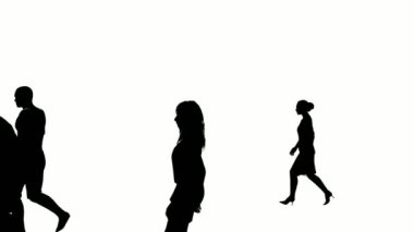 Silüet insanlar beyaz arka planda yürürler. Silüet siyah insanlar beyaz ekran ile iletişim kuruyor. Animasyon için dizayn, ayakta duran, izole eden, konuşan, konuşan, insan, insan, siluet vücut.