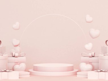 Sevgililer Günü podyumu soyut. Sevgililer Günü nesnesi ve pembe arka planı olan bir sahne, kırmızı, pembe kalp ürünü sergisi, lüks 3D görüntüsü. Sevgililer Günü hediyesi, vitrin, kozmetik, podyum ürünü..