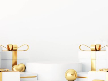 Sevgililer Günü podyumu modelleme konsepti. Sevgililer Günü 'nün altın renkli ve beyaz arkaplanlı sahnesi, beyaz ürün sergisi, lüks 3D görüntüsü. Sevgililer Günü hediyesi, vitrin, kozmetik, podyum ürünü..