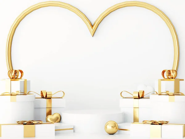 Valentines podium mockup concept. scene with Valentines gold object and white background, white product display, luxury 3d render. stand for Valentines gift, showcase, cosmetic, podium product.