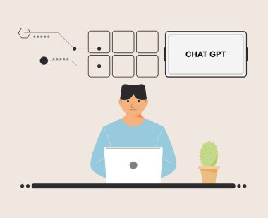 chat GPT men person use laptop digital. boy people search chat GPT AI, openAI, smart bot, workplace, technology background. vector illustration for artificial intelligence, infographics, web banner. clipart