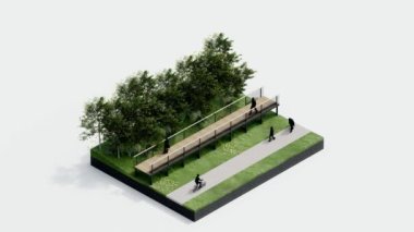 Çevre izometrik park doğası. İzometrik çevresel sürdürülebilir orman, insanların dinlenmesi, 3 boyutlu animasyon. Ağaç, çimen yaprağı, nehir, yalıtılmış beyaz patika.