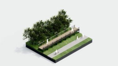 Çevre izometrik park doğası. İzometrik çevresel sürdürülebilir orman, insanların dinlenmesi, 3 boyutlu animasyon. Ağaç, çimen yaprağı, nehir, yalıtılmış beyaz patika.