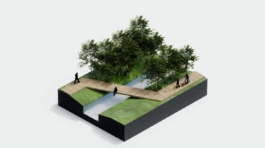 Çevre izometrik park doğası. İzometrik çevresel sürdürülebilir orman, insanların dinlenmesi, 3 boyutlu animasyon. Ağaç, çimen yaprağı, nehir, yalıtılmış beyaz patika.