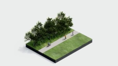 Çevre izometrik park doğası. İzometrik çevresel sürdürülebilir orman, insanların dinlenmesi, 3 boyutlu animasyon. Ağaç, çimen yaprağı, nehir, yalıtılmış beyaz patika.