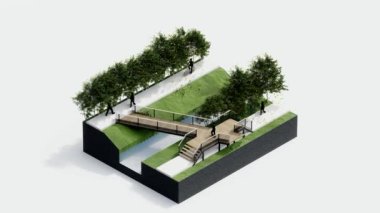 Çevre izometrik park doğası. İzometrik çevresel sürdürülebilir orman, insanların dinlenmesi, 3 boyutlu animasyon. Ağaç, çimen yaprağı, nehir, yalıtılmış beyaz patika.