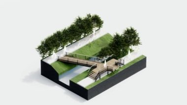 Çevre izometrik park doğası. İzometrik çevresel sürdürülebilir orman, insanların dinlenmesi, 3 boyutlu animasyon. Ağaç, çimen yaprağı, nehir, yalıtılmış beyaz patika.
