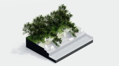 Çevre izometrik park doğası. İzometrik çevresel sürdürülebilir orman, insanların dinlenmesi, 3 boyutlu animasyon. Ağaç, çimen yaprağı, nehir, yalıtılmış beyaz patika.