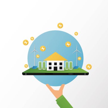 Mimari ekolojik sürdürülebilir çevre kavramı. ekoloji, sürdürülebilirlik, güneş panelleri, yel değirmeni, mobil ve yeşil renkli doğa, vektör. Web afişi için mimari, illüstrasyon,