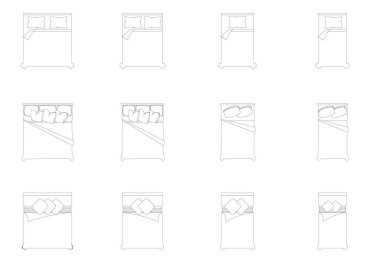 Mobilya ikonu iç plan görünümü, üst set vektörü. Mimari ev yatak hattı, ev, taslak, daire, yatak odası, koleksiyon, izole edilmiş, yerleşim, tasarım, proje, plan. 