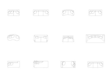 Mobilya ikonu iç plan görünümü, üst set vektörü. Mimari ev yatak hattı ev taslağı daire yatak odası koleksiyonu izole tasarım projesi planı. 