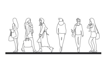 Ana hatlarıyla kadın vektör çizimi. Soyutlanmış grafiker insanlar, basitlik çizimini izole ederek insan sürekli çizgisini çizdiler. İnsanlar tasarım grubu iş konseptini ayakta tutuyor.