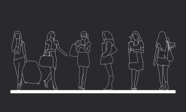 Ana hatlarıyla kadın vektör çizimi. Soyutlanmış grafiker insanlar, basitlik çizimini izole ederek insan sürekli çizgisini çizdiler. İnsanlar tasarım grubu iş konseptini ayakta tutuyor.