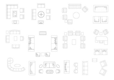 Koltuk mobilyası ikonu iç plan görünümü üst set vektörü. Mimari ev hattı ev taslağı daire koleksiyonu izole tasarım projesi planı.