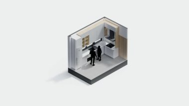 Mimari eşölçülü iç tasarım ev mobilyası odası modern tarz daire. Mimari 3D duvar dekorasyonu zemin dekorasyonu modern yaşam tarzı. izometrik kapalı alan.