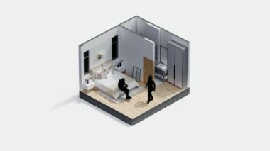 Mimari eşölçülü iç tasarım ev mobilyası odası modern tarz daire. Mimari 3D duvar dekorasyonu zemin dekorasyonu modern yaşam tarzı. izometrik kapalı alan.