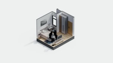 Mimari eşölçülü iç tasarım ev mobilyası odası modern tarz daire. Mimari 3D duvar dekorasyonu zemin dekorasyonu modern yaşam tarzı. izometrik kapalı alan.