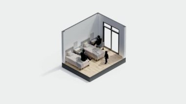 Mimari eşölçülü iç tasarım ev mobilyası odası modern tarz daire. Mimari 3D duvar dekorasyonu zemin dekorasyonu modern yaşam tarzı. izometrik kapalı alan.