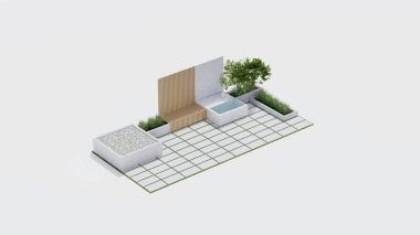 İzometrik üst manzara mimarisi bahçe manzarası teras tasarımı modern 3D tasarım. Bahçe tropikal dış bahçe ağaç dalı beton süslemesi. park kavramı.