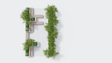 Mimari manzaralı bahçe manzarası teras tasarımı modern 3D tasarım. Bahçe tropikal dış bahçe ağaç dalı beton süslemesi. park kavramı boş.