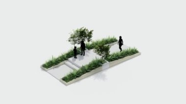 İzometrik üst manzara mimarisi bahçe manzarası teras tasarımı modern 3D tasarım. Bahçe tropikal dış bahçe ağaç dalı beton süslemesi. park kavramı.