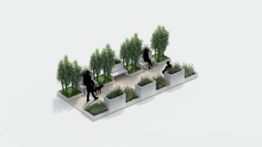 İzometrik üst manzara mimarisi bahçe manzarası teras tasarımı modern 3D tasarım. Bahçe tropikal dış bahçe ağaç dalı beton süslemesi. park kavramı.