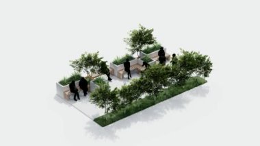 İzometrik üst manzara mimarisi bahçe manzarası teras tasarımı modern 3D tasarım. Bahçe tropikal dış bahçe ağaç dalı beton süslemesi. park kavramı.