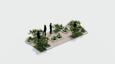İzometrik üst manzara mimarisi bahçe manzarası teras tasarımı modern 3D tasarım. Bahçe tropikal dış bahçe ağaç dalı beton süslemesi. park kavramı.