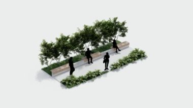 İzometrik üst manzara mimarisi bahçe manzarası teras tasarımı modern 3D tasarım. Bahçe tropikal dış bahçe ağaç dalı beton süslemesi. park kavramı.