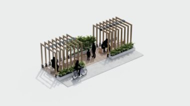 İzometrik üst manzara mimarisi bahçe manzarası teras tasarımı modern 3D tasarım. Bahçe tropikal dış bahçe ağaç dalı beton süslemesi. park kavramı.