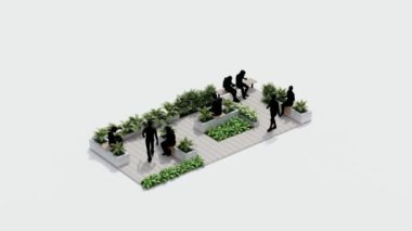 İzometrik üst manzara mimarisi bahçe manzarası teras tasarımı modern 3D tasarım. Bahçe tropikal dış bahçe ağaç dalı beton süslemesi. park kavramı.