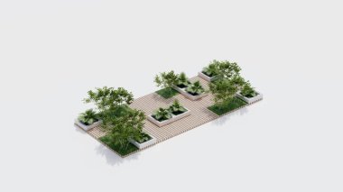 İzometrik üst manzara mimarisi bahçe manzarası teras tasarımı modern 3D tasarım. Bahçe tropikal dış bahçe ağaç dalı beton süslemesi. park kavramı.