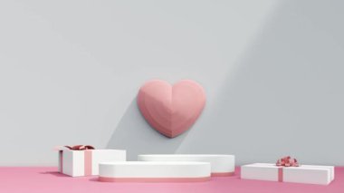 Sevgililer Günü podyum kaidesi ürün sahnesi minimum model arkaplanı. Sevgililer Günü sahnesi geometrik stüdyo vitrinleri soyut modern ışık gösterisi. şekil gerçekçi boş arkaplan.