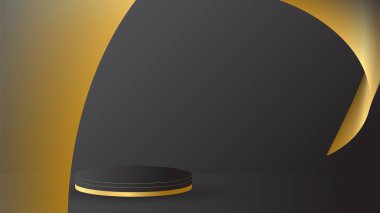 Podyum siyah lüks altın rengi sunum ürünü arka plan vektörünü göster. sahne boş karanlık tasarım kaide şablon uzay standı. Stüdyo modeli soyut ışık platformu arkaplanı.