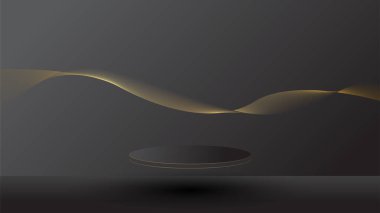 Podyum siyah lüks altın rengi sunum ürünü arka plan vektörünü göster. sahne boş karanlık tasarım kaide şablon uzay standı. Stüdyo modeli soyut ışık platformu arkaplanı.