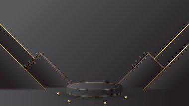 Podyum siyah lüks altın rengi sunum ürünü arka plan vektörünü göster. sahne boş karanlık tasarım kaide şablon uzay standı. Stüdyo modeli soyut ışık platformu arkaplanı.
