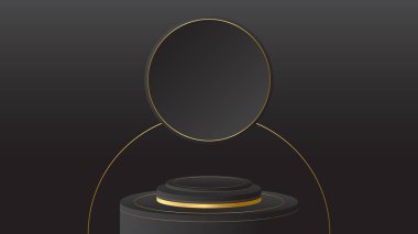 Podyum siyah lüks altın rengi sunum ürünü arka plan vektörünü göster. sahne boş karanlık tasarım kaide şablon uzay standı. Stüdyo modeli soyut ışık platformu arkaplanı.