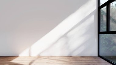 Boş iç oda gölge duvarı arka planı mimari güneş ışığını taklit ediyor. boş ev modern pencere ışıklandırması daire tasarımı ev içinde beyaz ev. boş küçük konsept arkaplan parlak temiz.