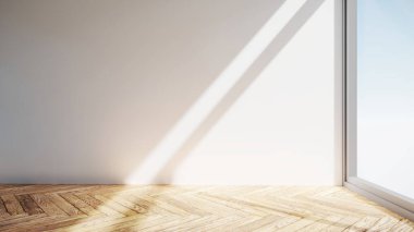 Boş iç oda gölge duvarı arka planı mimari güneş ışığını taklit ediyor. boş ev modern pencere ışıklandırması daire tasarımı ev içinde beyaz ev. boş küçük konsept arkaplan parlak temiz.