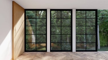 Boş iç oda gölge duvarı arka planı mimari güneş ışığını taklit ediyor. boş ev modern pencere ışıklandırması daire tasarımı ev içinde beyaz ev. boş küçük konsept arkaplan parlak temiz.