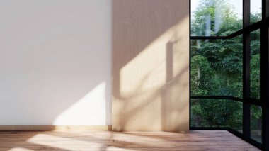 Boş iç oda gölge duvarı arka planı mimari güneş ışığını taklit ediyor. boş ev modern pencere ışıklandırması daire tasarımı ev içinde beyaz ev. boş küçük konsept arkaplan parlak temiz.