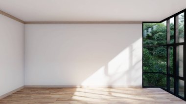 Boş iç oda gölge duvarı arka planı mimari güneş ışığını taklit ediyor. boş ev modern pencere ışıklandırması daire tasarımı ev içinde beyaz ev. boş küçük konsept arkaplan parlak temiz.