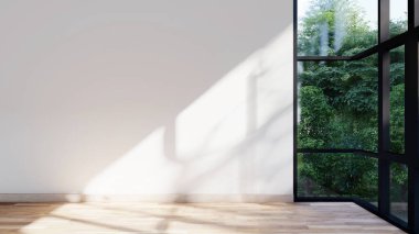 Boş iç oda gölge duvarı arka planı mimari güneş ışığını taklit ediyor. boş ev modern pencere ışıklandırması daire tasarımı ev içinde beyaz ev. boş küçük konsept arkaplan parlak temiz.