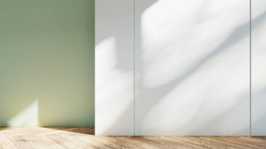 Boş iç oda gölge duvarı arka planı mimari güneş ışığını taklit ediyor. boş ev modern pencere ışıklandırması daire tasarımı ev içinde beyaz ev. boş küçük konsept arkaplan parlak temiz.