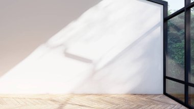 Boş iç oda gölge duvarı arka planı mimari güneş ışığını taklit ediyor. boş ev modern pencere ışıklandırması daire tasarımı ev içinde beyaz ev. boş küçük konsept arkaplan parlak temiz.