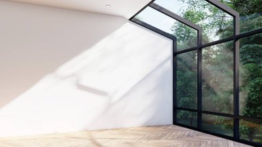 Boş iç oda gölge duvarı arka planı mimari güneş ışığını taklit ediyor. boş ev modern pencere ışıklandırması daire tasarımı ev içinde beyaz ev. boş küçük konsept arkaplan parlak temiz.