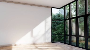 Boş iç oda gölge duvarı arka planı mimari güneş ışığını taklit ediyor. boş ev modern pencere ışıklandırması daire tasarımı ev içinde beyaz ev. boş küçük konsept arkaplan parlak temiz.
