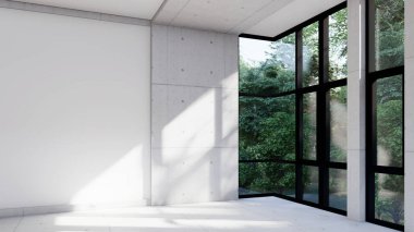 Boş iç oda gölge duvarı arka planı mimari güneş ışığını taklit ediyor. boş ev modern pencere ışıklandırması daire tasarımı ev içinde beyaz ev. boş küçük konsept arkaplan parlak temiz.