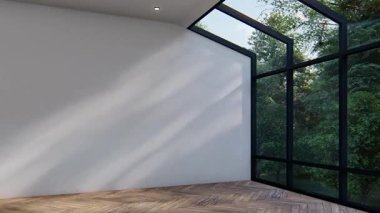 Boş iç oda gölge duvarı arka planı mimari güneş ışığını taklit ediyor. boş ev modern pencere ışıklandırması daire tasarımı ev içinde beyaz ev. boş küçük konsept arkaplan parlak temiz.